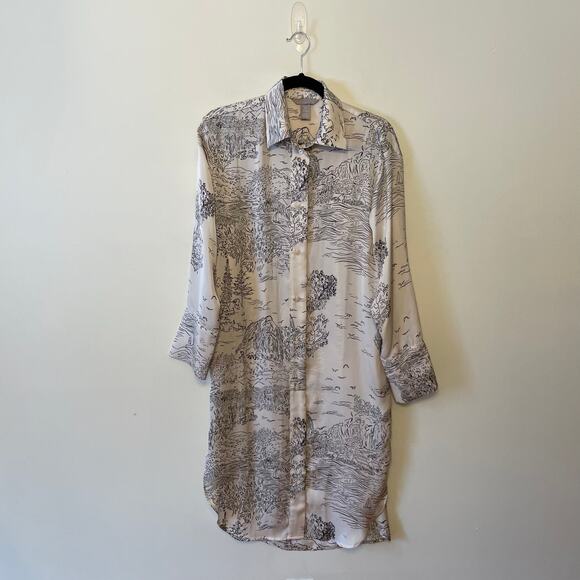 H&M M long sleeve button down tunic top oriental AOP cream AOP nature black - Picture 1 of 7